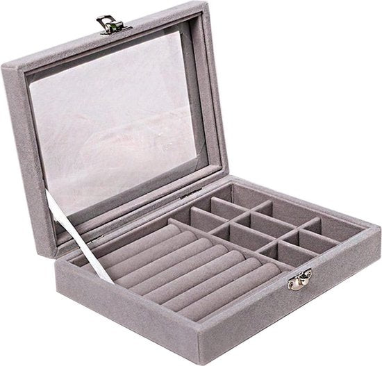 Jewelry box - 1 laag - Grijs - Luxe - Sieraad opberg doosje - Doos - Opbergdoos - Velours - Juwelen