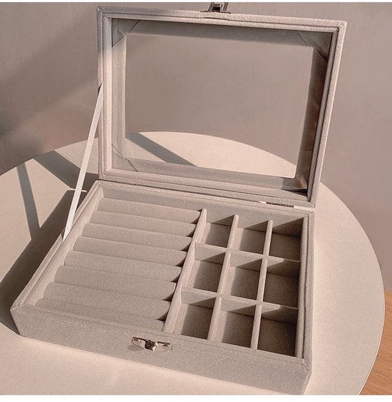 Jewelry box - 1 laag - Grijs - Luxe - Sieraad opberg doosje - Doos - Opbergdoos - Velours - Juwelen