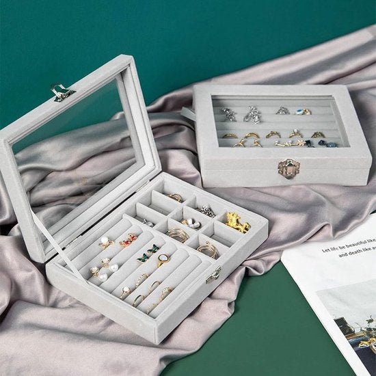 Jewelry box - 1 laag - Grijs - Luxe - Sieraad opberg doosje - Doos - Opbergdoos - Velours - Juwelen