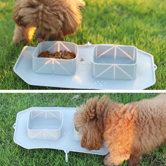 Siliconen Dieren Voerbak - Grijs - Oprolbaar - Dubbele Voerbak - Kleine Hondenbak - Voederbak - Kattenbak - Hond - Poes - Puppy's - Hondenbrokken - Kattenbrokken - Drinkbak - Hondenkom - Dieren