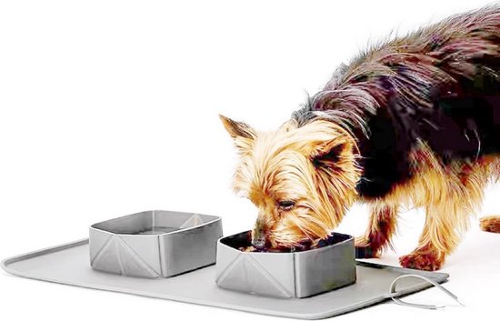 Siliconen Dieren Voerbak - Grijs - Oprolbaar - Dubbele Voerbak - Kleine Hondenbak - Voederbak - Kattenbak - Hond - Poes - Puppy's - Hondenbrokken - Kattenbrokken - Drinkbak - Hondenkom - Dieren