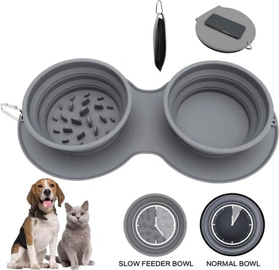 Siliconen Dieren Voerbak - Grijs - Opvouwbaar - Dubbele Voerbak - Kleine Hondenbak - Voederbak - Kattenbak - Hond - Poes - Puppy's - Hondenbrokken - Kattenbrokken - Drinkbak - Hondenkom - Dieren