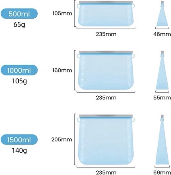 Siliconen Vershoudzakken Set Wit - 3 Maten - Herbruikbaar - 500ml - 1000ml - 1500ml - Vershoudzakken - Koelkast