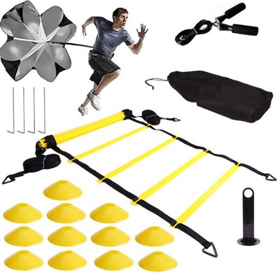 Voetbaltrainingsset accessoires voor voetbaltraining - 6 meter coördinatieladder met 4 stalen spijkers - 1 weerstandsparaplu - 10 kegels met 1 opbergkolom - 1 springtouw