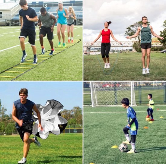 Voetbaltrainingsset accessoires voor voetbaltraining - 6 meter coördinatieladder met 4 stalen spijkers - 1 weerstandsparaplu - 10 kegels met 1 opbergkolom - 1 springtouw