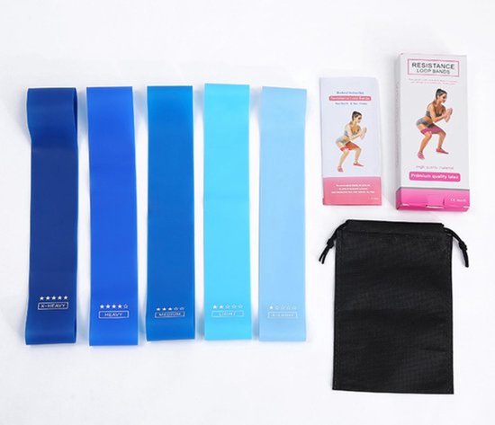Weerstandsbanden set - 5 stuks - elastiek band fitness - 5 blauwe verschillende weerstandsniveaus - Booty band - Premium