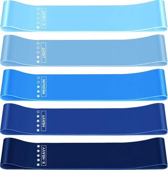 Weerstandsbanden set - 5 stuks - elastiek band fitness - 5 blauwe verschillende weerstandsniveaus - Booty band - Premium