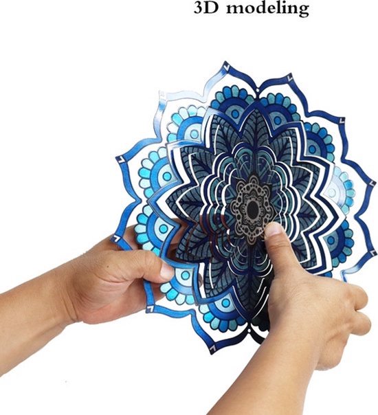 Windspinner mandala ruimte RVS - 18 cm - Blauw - Tuindecoratie - Twister - Yoga - Meditatie