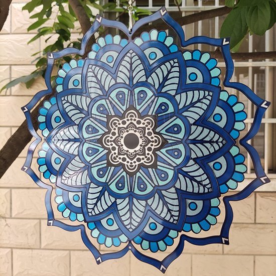 Windspinner mandala ruimte RVS - 18 cm - Blauw - Tuindecoratie - Twister - Yoga - Meditatie