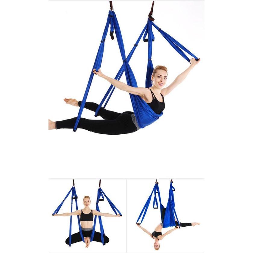 Yoga hangmat - Blauw - Aerial Yoga schommel - Compleet systeem met 3 sets handgrepen - tot 300kg