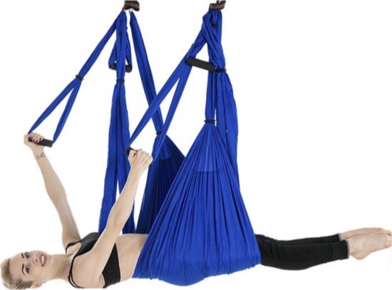 Yoga hangmat - Blauw - Aerial Yoga schommel - Compleet systeem met 3 sets handgrepen - tot 300kg