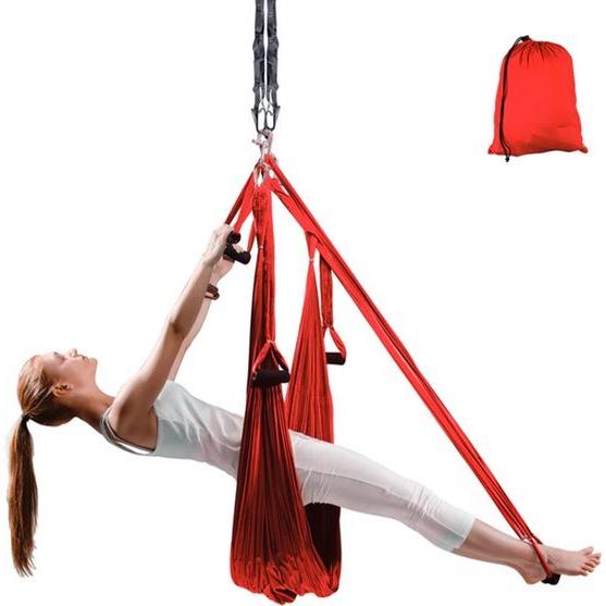 Yoga hangmat - Rood - Aerial Yoga schommel - Compleet systeem met 3 sets handgrepen - tot 300kg